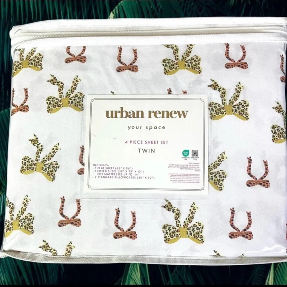 Leopard / Cheetah / Jaguar Bow Bowknot 4-pc Twin Sheet Set Wildlife Ribbons NIP